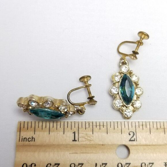 Vintage Blue Marquise Rhinestone Dangle Clip On Earrings, Gold Tone Setting - Picture 4 of 6